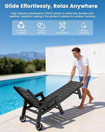 FOOWIN Chaise Lounge Chair Set of 2，HDPE Lounge Chair Outdoor with 5 Positions,Oversized Pool Lounge Chairs with Rolling Wheels & Cup Holder for Poolside Deck Backyard,Black
