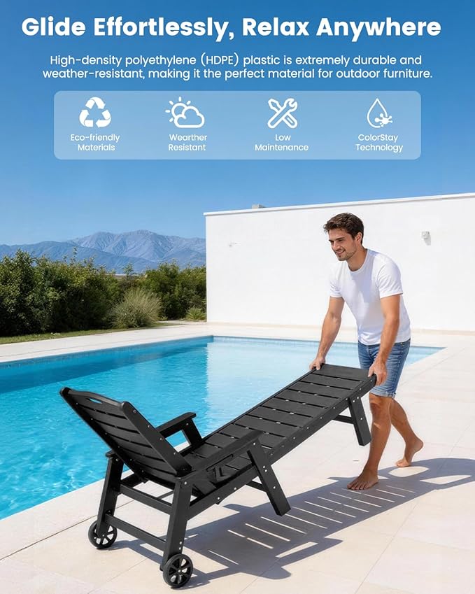 FOOWIN Chaise Lounge Chair，HDPE Lounge Chair Outdoor with 5 Positions,Oversized Pool Lounge Chairs with Rolling Wheels & Cup Holder for Poolside Deck Backyard,Black