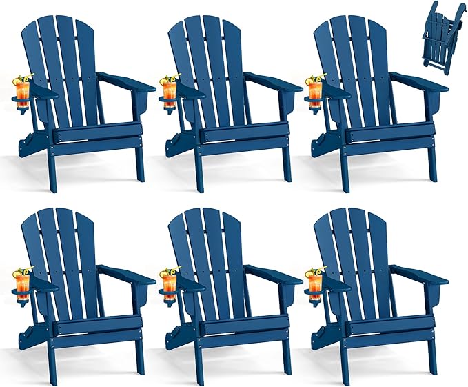 BRIOPAWS Folding-Adirondack-Chairs Set of 6 | HDPE Plastic | Fire Pit Chair | Cup Holder | Curved Back | All Weather | for Outdoor Backyard Deck Patio | Blue