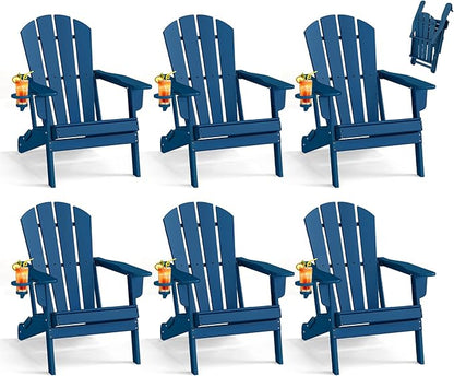 BRIOPAWS Folding-Adirondack-Chairs Set of 6 | HDPE Plastic | Fire Pit Chair | Cup Holder | Curved Back | All Weather | for Outdoor Backyard Deck Patio | Blue