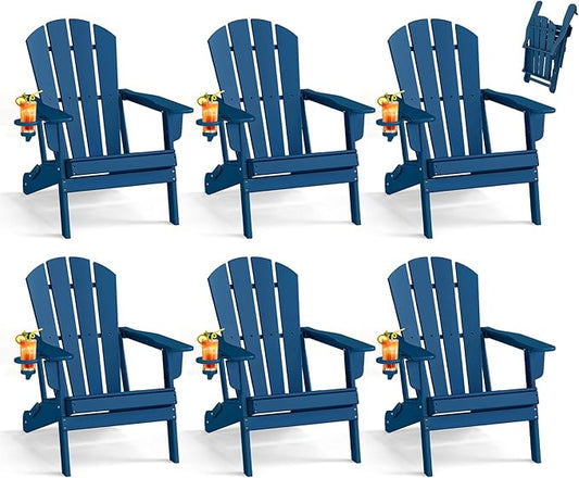 BRIOPAWS Folding-Adirondack-Chairs Set of 6 | HDPE Plastic | Fire Pit Chair | Cup Holder | Curved Back | All Weather | for Outdoor Backyard Deck Patio | Blue