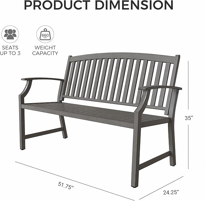 Grand patio Farmhouse Outdoor Bench, Garden Benches with Anti-Rust Aluminum, Faux Wood Grain Finish Frame Patio Bench for Front Porch, Weathered Gray