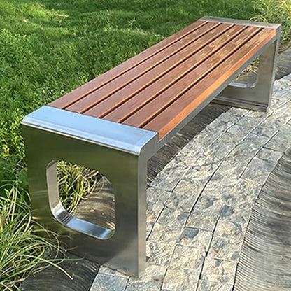 LITFAD Outdoor Indoor Bench Stainless Steel Metal Park Bench with Waterproof Brown Wood Seating Modern Garden Bench for Patio, Lawn, Yard, Porch - Type E 47" L x 16" W x 18" H
