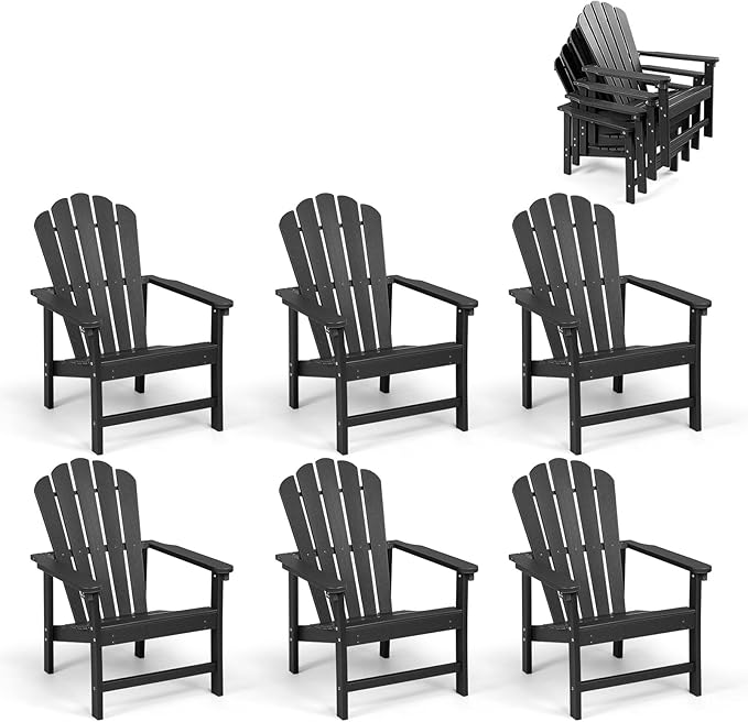 Stackable Adirondack Chairs Set of 6, Space Saving HDPE All-Weather Fire Pit Chair with Cover for Outdoor Lawn Porch Deck
