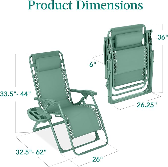 Best Choice Products Adjustable Zero Gravity Chair, Monochromatic Color Folding Patio Recliner w/Side Tray, Headrest - Seafoam