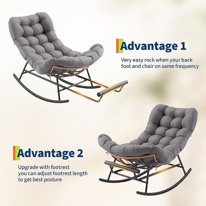 Outdoor Rocking Chair with Footrest, Oversized Patio Papasan Chairs with Cushion - Photo 4