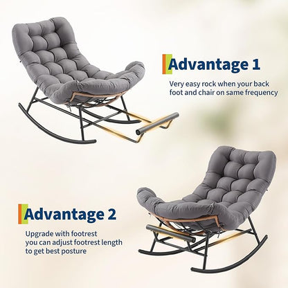 Outdoor Rocking Chair with Footrest, Oversized Patio Papasan Chairs with Cushion, Modern Lounge Rocker Chair for Indoor Living Room Garden Porch Balcony, Grey