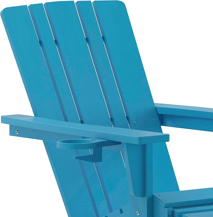 Taylor & Logan Hedley Adirondack Chair with Cup Holder and Pull Out Ottoman, All-Weather HDPE Indoor/Outdoor Lounge Chair in Blue