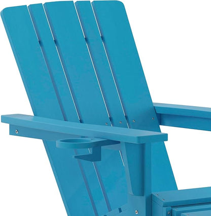 Taylor & Logan Hedley Adirondack Chair with Cup Holder and Pull Out Ottoman, All-Weather HDPE Indoor/Outdoor Lounge Chair in Blue