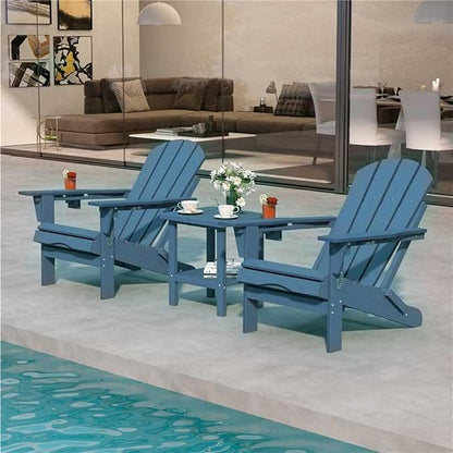 Navy Blue 6-Piece Folding Adirondack Chair Set with Cup Holders, Ottomans, Side Table & Beige 11FT Cantilever Umbrella with Base, HDPE Outdoor Chairs