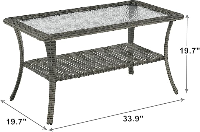 Rilyson Patio Tables Outdoor Coffee Table - Wicker Rattan Coffee Tables with 2-Tier Storage Shelf Glass Top for Outside Proch Deck Balcony Garden Rectangle Mixed Grey