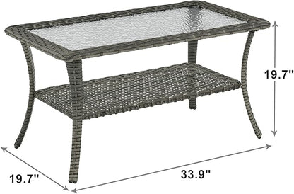 Rilyson Patio Tables Outdoor Coffee Table - Wicker Rattan Coffee Tables with 2-Tier Storage Shelf Glass Top for Outside Proch Deck Balcony Garden Rectangle Mixed Grey
