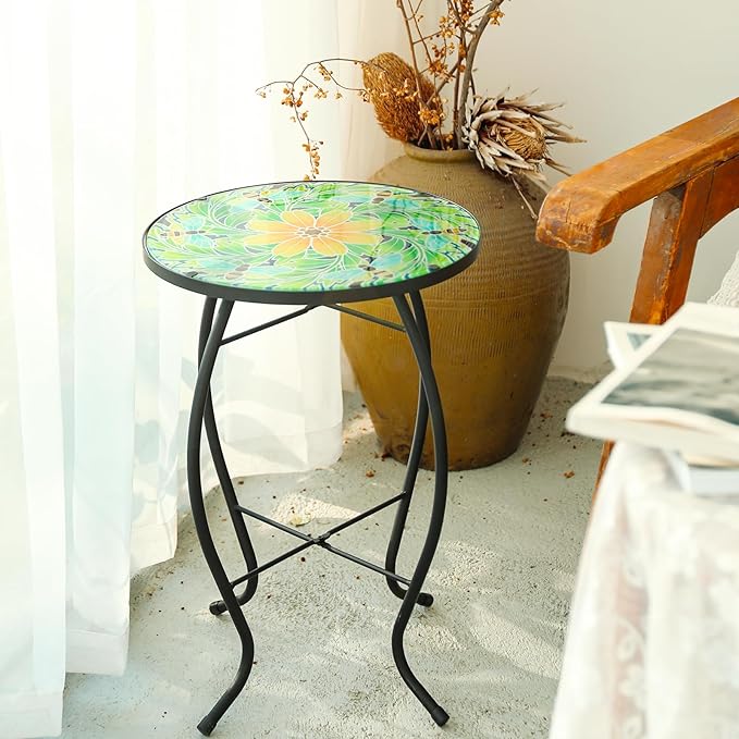 VCUTEKA Outdoor Side Table Mosaic End Patio Side Table Small End Tables Glass Top Round Balcony Coffee Tables Porch Indoor Glass Top Bee 14''