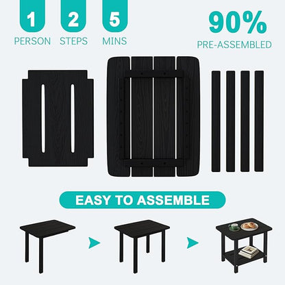 Folding Adirondack Chair 3-Piece Set - 38" Extra Tall Back & Embossed Wood Grain, Oversized HDPE Patio Furniture with Side Table & Cup Holders, 380lb Heavy Duty, Black