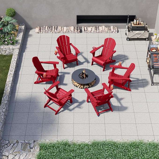 Folding Adirondack Chairs with Cup Holders, Set of 6 HDPE Plastic Outdoor Chairs, Weather Resistant, Real Wood Look - Photo 2