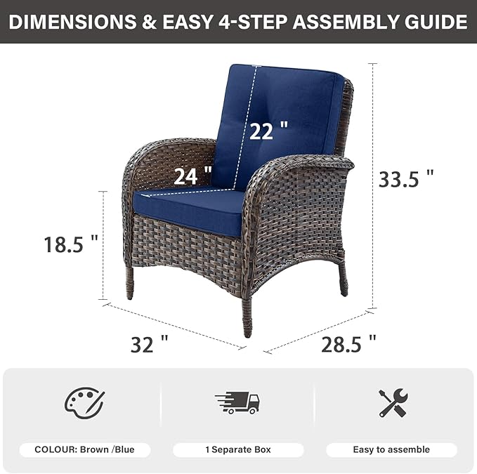 Belord Patio Club Chair Wicker Chairs - Outdoor High Back Chair Set of 2 Patio Furniture Set Rattan Seating with Removable Cushions for Porch Balcony Deck Pool Brown/Blue