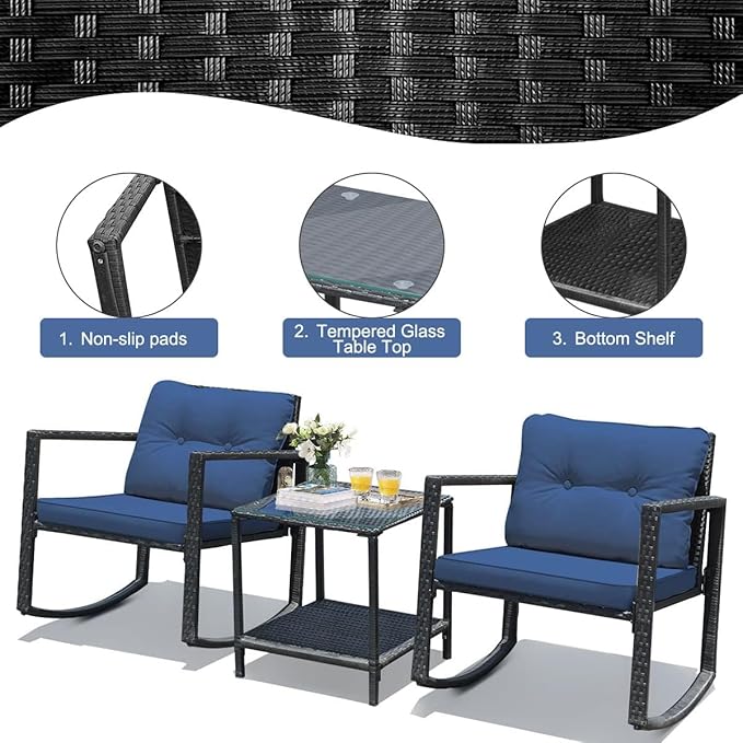 HAPPYGRILL 3-Piece Rocking Bistro Set Outdoor Patio Rocking Chairs with Coffee Table Rattan Wicker Furniture - Photo 7