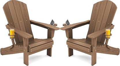 SERWALL Adirondack Chair with Cup Holders - Composite Adirondack Chairs Set of 2 HDPE Outdoor Chairs All Weather Use- Brown
