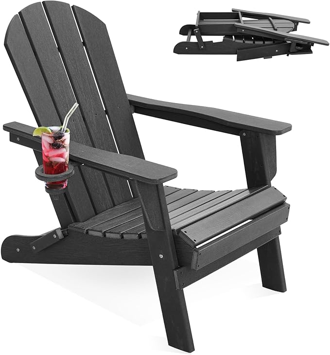 LOUNZY Folding Adirondack Chair with Cup Holder, HDPE All-Weather Folding Patio Chair - Photo 1