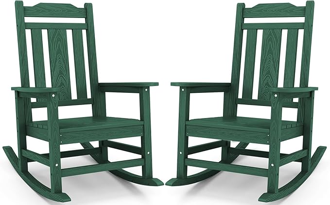 SERWALL HDPE Outdoor Rocking Chair Set of 2, Patio Rocking Chairs Set, Rocking Chair Outdoor for Adults, Green