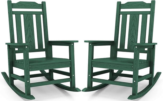 SERWALL HDPE Outdoor Rocking Chair Set of 2, Patio Rocking Chairs Set, Rocking Chair Outdoor for Adults, Green