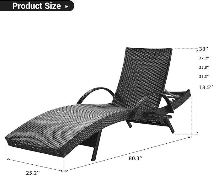Outdoor Wicker Chaise Lounge Chairs Set of 2, Patio Rattan Sunbathing Recliners with Pull-Out Side Table and Adjustable Backrest for Pool (Black/2)