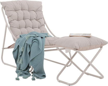 Patio Lounge Chair with Ottoman, Indoor Outdoor Comfy Sling Recliner Chair with Cushion, Modern Oversized Padded Lounge Chair Set with Footstool for Balcony Porch Garden, Champagne