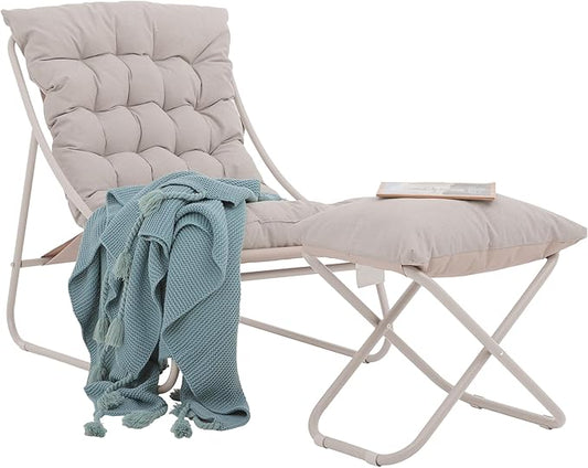 Patio Lounge Chair with Ottoman, Indoor Outdoor Comfy Sling Recliner Chair with Cushion, Modern Oversized Padded Lounge Chair Set with Footstool for Balcony Porch Garden, Champagne