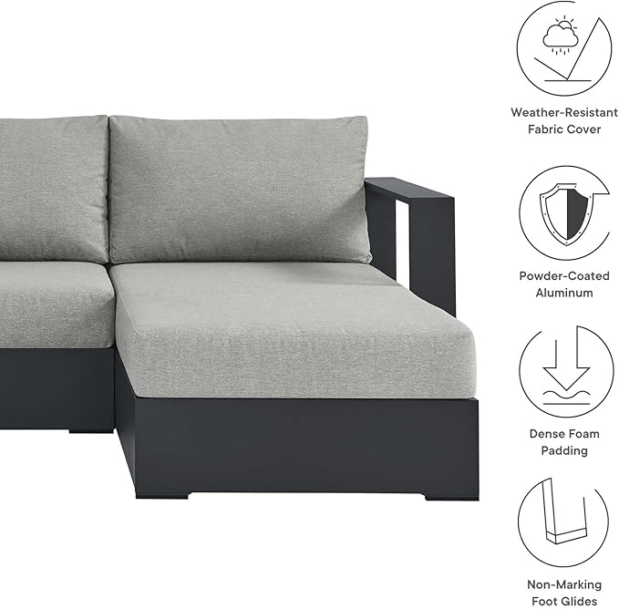 Modway Tahoe Modular Aluminum 3-Piece Outdoor Patio Furniture Gray, Right-Facing Sectional Sofa Set with Weather-Resistant Cushions, Ideal for Deck, Backyard, Poolside