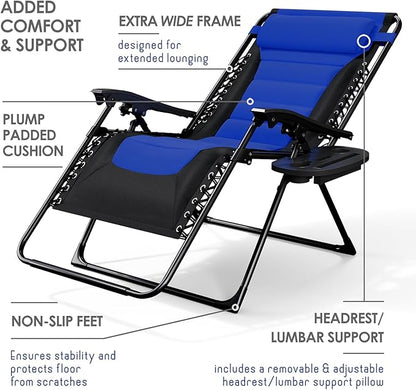 Nestl Outdoor Padded Zero Gravity Chair, Patio Lounge Chair Outdoor Recliner, Oversized Anti Gravity Lounger with Adjustable Headrest and Cup Holder, Foldable for Camping, Yard - Black/Blue