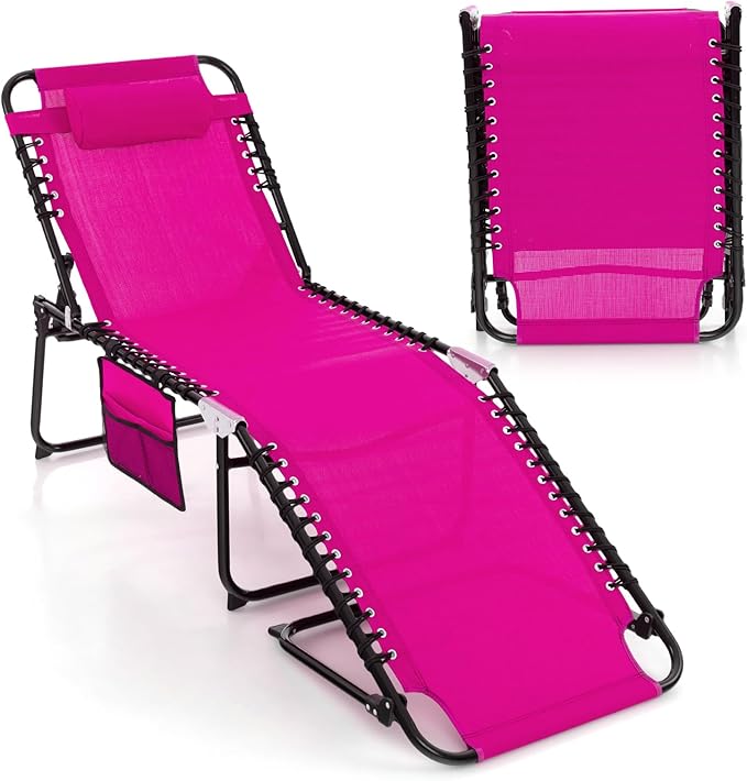 Goplus Folding Beach Lounge Chair w/Pillow for Patio Backyard Park Indoor and Outdoor, Adjustable 4-Level Backrest and 2-Level Footrest (Pink, 1 PCS Ordinary Size)