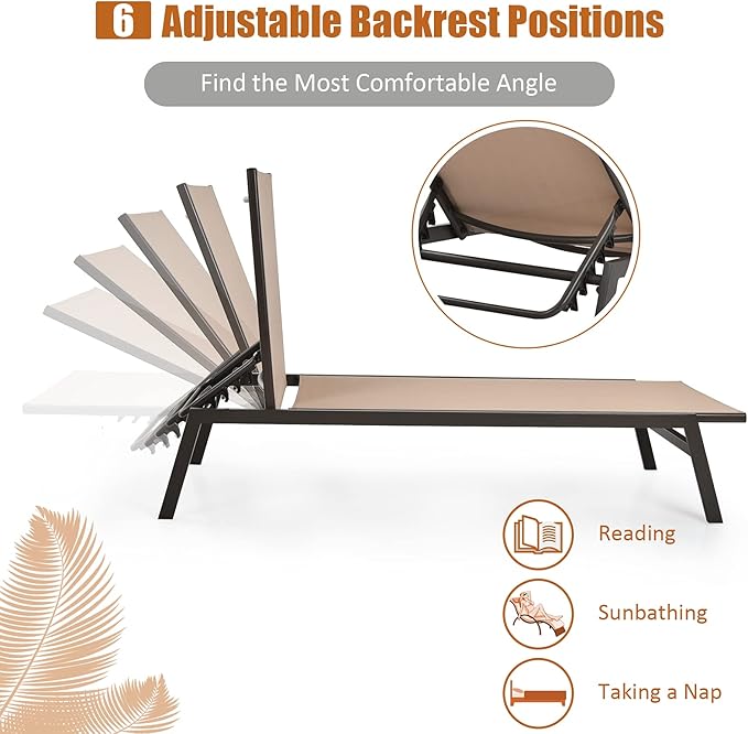 COSTWAY Patio Lounge Chair Outdoor, 6-Position Backrest Adjustable Pool Lounger, Metal Frame & Breathable Fabric - Photo 7