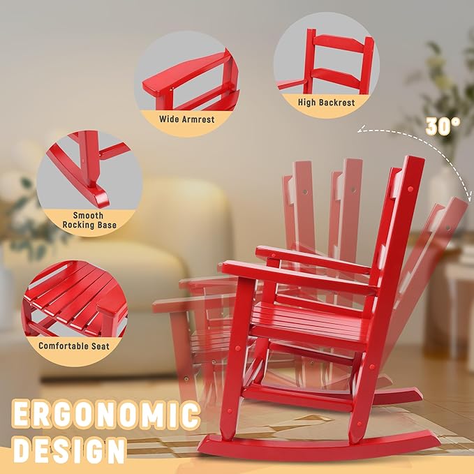 Toddler Rocking Chair Kids Wooden Indoor for Comfy Recliner Rocker for Baby Ages 3-6 Outdoor Lounge Children Playroom Anti-Tip Design Safe & Sturdy Red