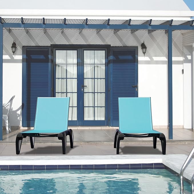 Outdoor Chaise Lounge 2 Pieces Aluminum Patio Lounge Chair with 5 Adjustable Position Recliner Chair Outside Tanning Chairs for Patio, Beach, Yard, Pool (Lake Blue)