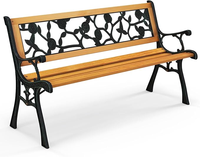 Tangkula Outdoor Garden Bench Park Bench, Patio Iron Bench Chair with Cast Iron & Hardwood Structure - Photo 1