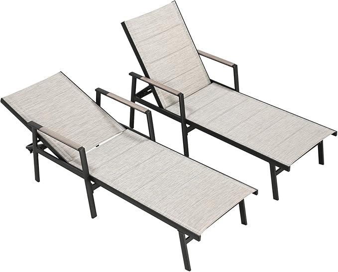 Outdoor Chaise Lounge Set of 2, Never-Rust Aluminum Patio Lounge Chairs with 3D Ultra-Thick Textilene, 6-Position Adjustable Backrest Pool Loungers for Sunbathing, Poolside, Beach, Lawn