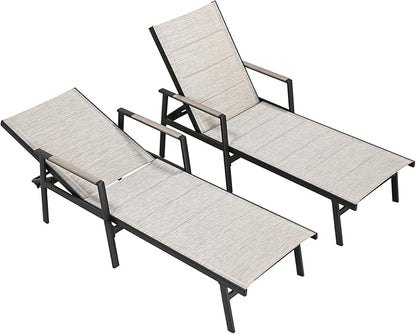 Outdoor Chaise Lounge Set of 2, Never-Rust Aluminum Patio Lounge Chairs with 3D Ultra-Thick Textilene, 6-Position Adjustable Backrest Pool Loungers for Sunbathing, Poolside, Beach, Lawn