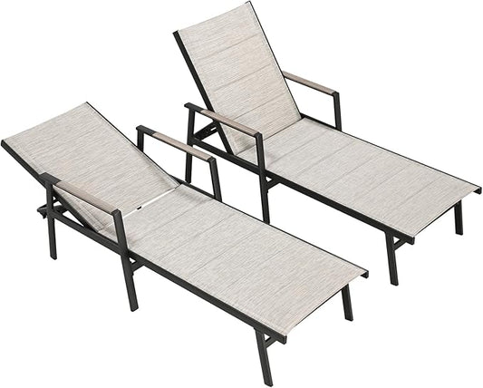 Outdoor Chaise Lounge Set of 2, Never-Rust Aluminum Patio Lounge Chairs with 3D Ultra-Thick Textilene, 6-Position Adjustable Backrest Pool Loungers for Sunbathing, Poolside, Beach, Lawn