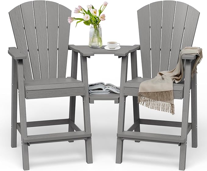Tall Adirondack Chairs Set of 2, HDPE High Adirondack Chairs with Double Removable Trays, All Weather Outdoor Barstools for Patio, Balcony, Backyard, Deck and Garden, Grey
