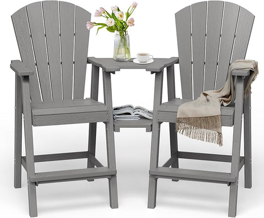 Tall Adirondack Chairs Set of 2, HDPE High Adirondack Chairs with Double Removable Trays, All Weather Outdoor Barstools for Patio, Balcony, Backyard, Deck and Garden, Grey