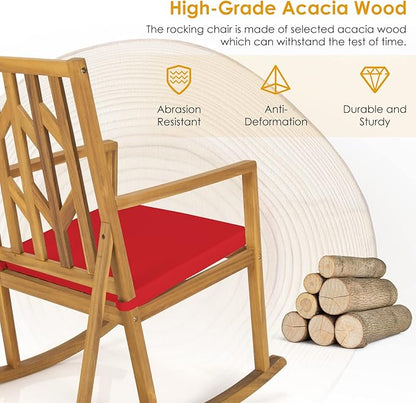 Tangkula Acacia Wood Patio Rocking Chair, Outdoor Porch Rocker W/Removable High-Density Cushion, All-Weather Resistance, Perfect for Garden, Backyard, Poolside (1, Red)