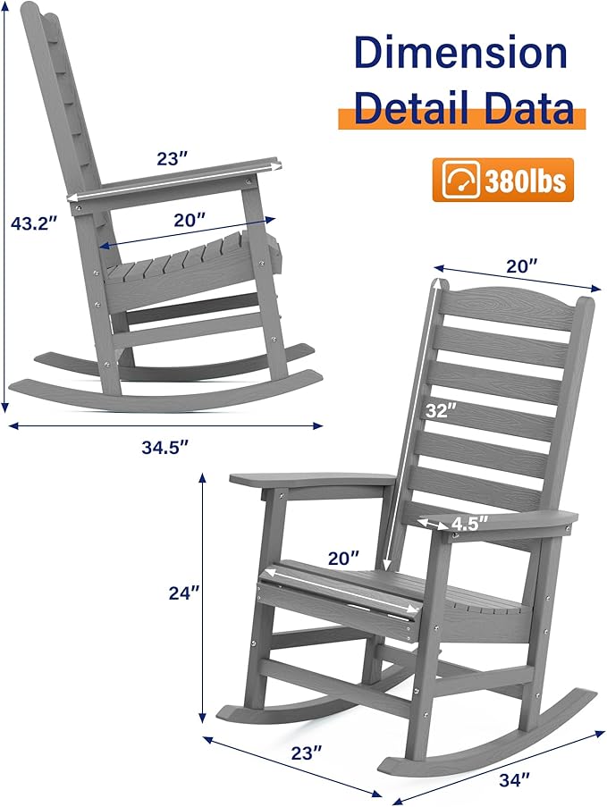 YEFU Outdoor Rocking Chair Set of 2,Poly Porch Rocker with Curved Backrest,All Weather Patio Rocking Chair,Like Real Wood,for Indoor,Lawn, Backyard,Garden,Heavy Duty,Weight Capacity 380lbs(Grey)