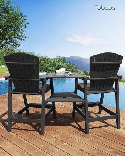 Tall Adirondack Chairs Set of 2, HDPE Outdoor Adirondack Chairs with Double Connecting Tray, Bar Height High Back Patio Chairs for Balcony, Deck, Backyard (Black, 2-PC Bar Chair Set)