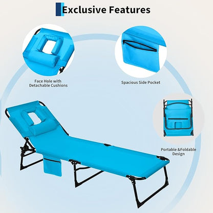 Tanning Chair with Face Hole Folding Beach Lounge Chair,5-Position Adjustable Backrest, Pillow & Side Pocket,Portable Face Down Chaise Lounge for Outdoor Backyard Poolside,Beach, Patio,Blue