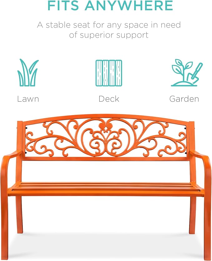 Best Choice Products Outdoor Bench Steel Garden Patio Porch Furniture for Lawn, Park, Deck w/Floral Design Backrest - Photo 3
