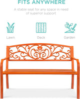 Best Choice Products Outdoor Bench Steel Garden Patio Porch Furniture for Lawn, Park, Deck w/Floral Design Backrest - Photo 3