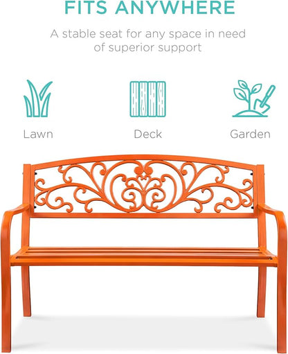 Best Choice Products Outdoor Bench Steel Garden Patio Porch Furniture for Lawn, Park, Deck w/Floral Design Backrest, Slatted Seat - Carrot