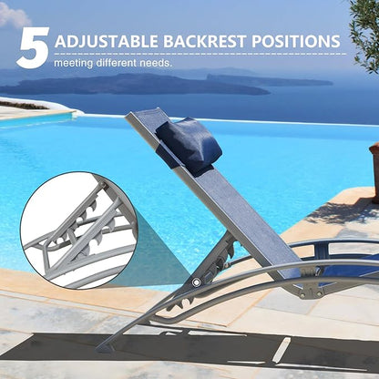Domi Pool Lounge Chairs Set of 2, Aluminum Adjustable Outdoor Chaise Lounge, All Weather Poolside Chairs for Deck Lawn Poolside, Textilene (Navy Blue)