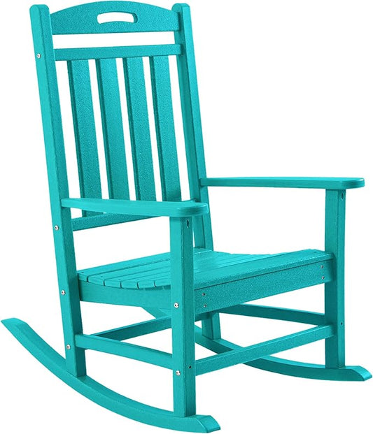 Outdoor Rocking Chair, High Back HDPE Patio Chair, All Weather Rocker Porch Chair, Lawn Chair for Deck, Porch, Backyard, Garden and Indoor, Aruba Blue
