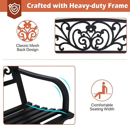 Dkelincs Outdoor Bench Patio Metal Bench 50 Inch Garden Bench Front Porch Bench w/Floral Design Backrest for Park, Yard, Porch, Lawn, Balcony, Backyard, Black